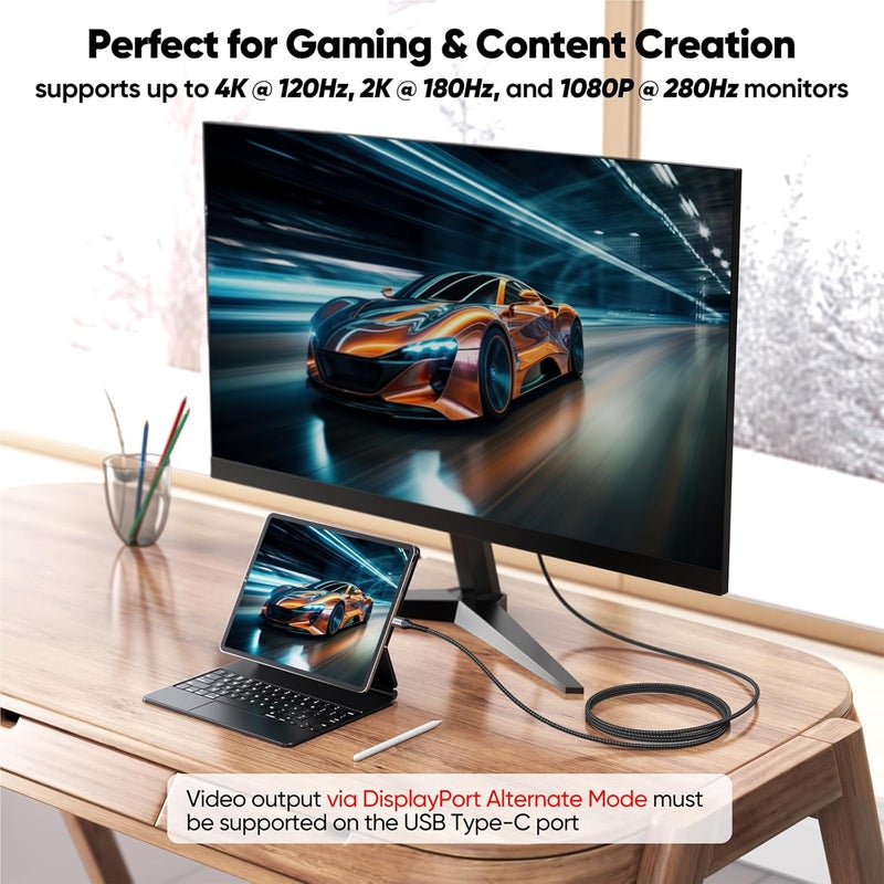 VoroDcip كابل USB C إلى DisplayPort 1.4 بطول 6.6 قدم، 8K@60Hz 4K@120Hz 2K@180Hz 1080P@360Hz USBC إلى DP كابل اتجاه واحد لجهاز iPhone 17/16/15 Galaxy S25/S24/S23 iPad Pro/Air MacBook Pro/Air إلى الشاشة - Image 5